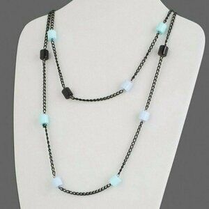 Vintage 80s Blue Green Lucite Beads 46" Long Black Metal Chain Necklace
